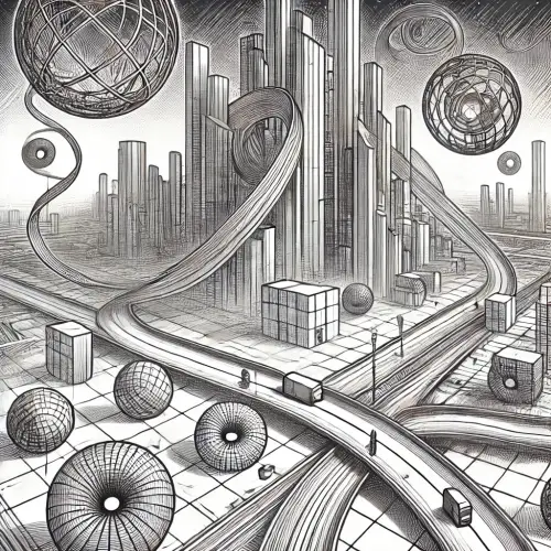 Illustration d'une ville conçue à l'aide d'une géométrie non euclidienne